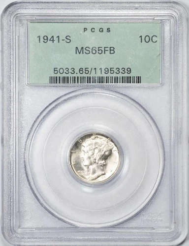 1941-S PCGS MS65FB Mercury Silver Dime Uncirculated Full Bands Green Holder OGH!