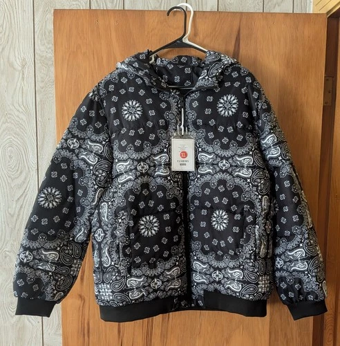 Black and white Paisley bandana Jacket with hoodie, Size Men's XL - product listing photo