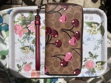 NWT Coach Long Zip Around Wallet In Signature Canvas With Cherry Print CZ328
