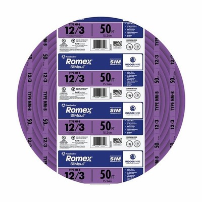 Southwire 12/3NM-WGX50 Sheathed Cable, 12 AWG Wire, 3-Conductor, 50 ft L, Copper