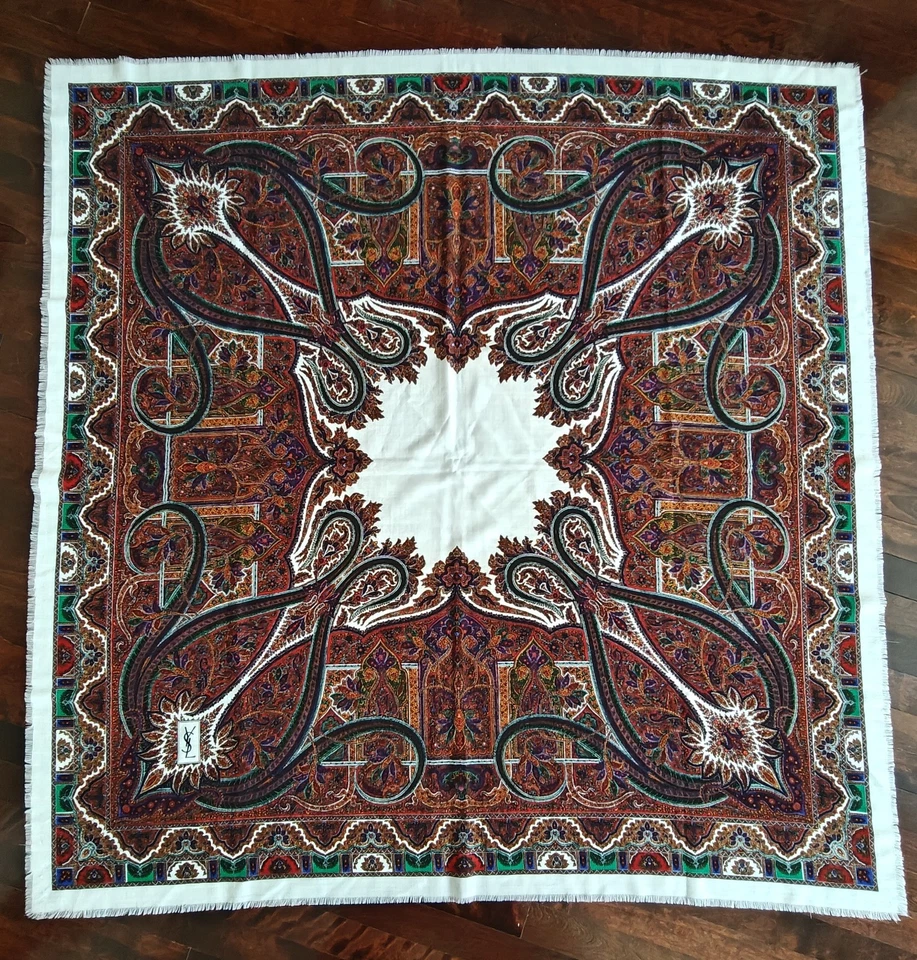 Vintage YSL Saint Laurent Paisley Challis Wool Large Scarf Logo Christmas Shawl  - Image 2 of 4