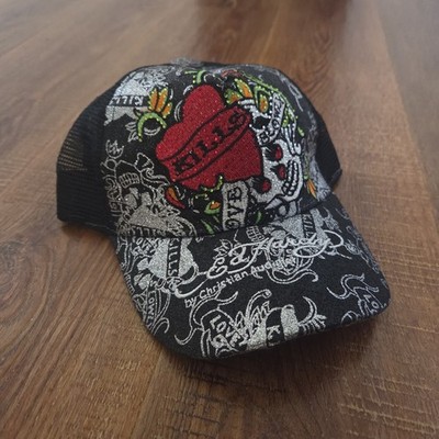 Vintage Y2k Ed Hardy Love Kills Slowly Shiny Black Trucker Hat Mesh Snapback