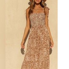 By Together Maxi Dress Ruffle Hem Ruched Top Adjustable Straps Rust Color Size S