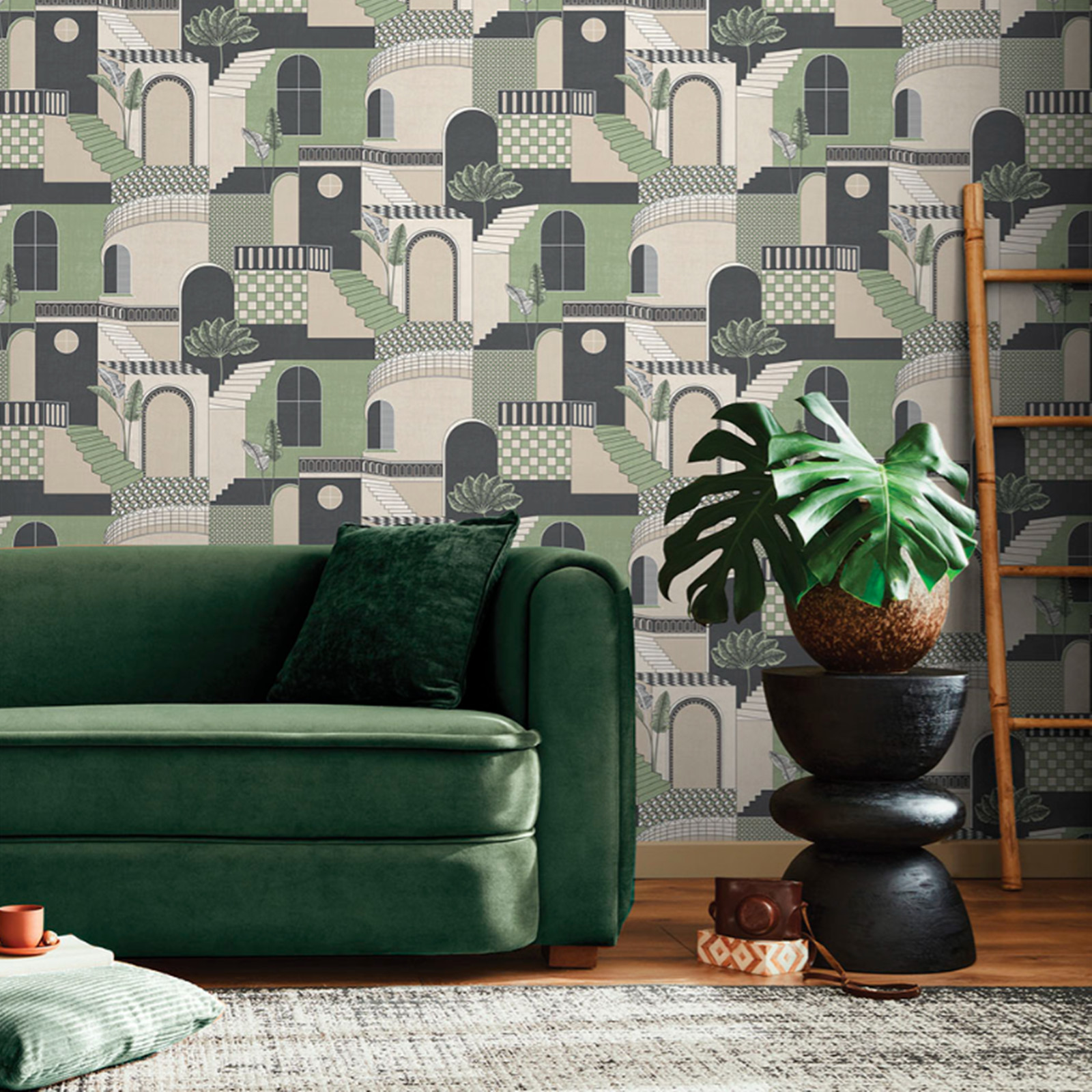 Green Mediterranean Wallpaper Checked Pattern Leaves Arches Feature Wall Quirky
