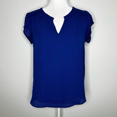 Pleione Womens Blue V-Neck Hi-Low Top Blouse Cap Sleeve Size XS