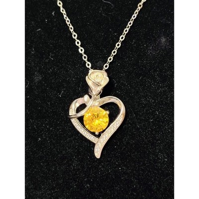 N778 925 Sterling Silver Rose Heart Necklace Yellow CZ I Love You Pendant 18''