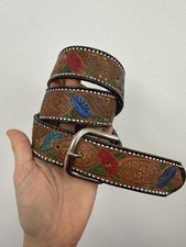 Vintage Western Brown Tooled Leather Belt Made in Mexico Hand Painted Size M