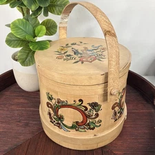 Vintage Painted Bentwood Firkin Sugar Bucket Folk Art Sewing Basket Scandinavian
