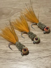Three hand tied 1/16 crappie jigs