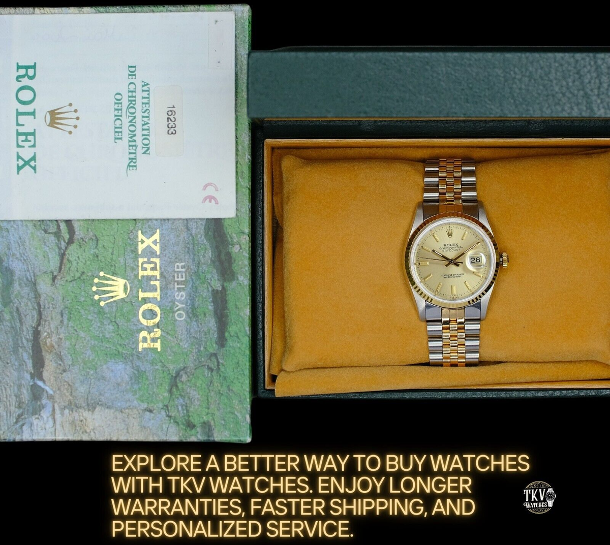 ROLEX DATEJUST コンビメンズコマ６個。箱付き。18k Rolex Datejust 16233 Two-Tone 18KY & Steel Champagne Index Watch