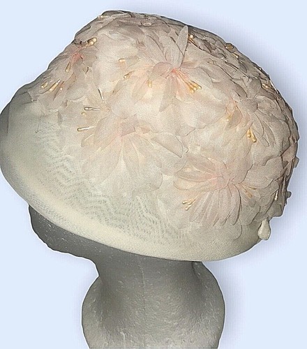 Vintage Girls Easter Bonnet Hat Pink Floral White Organza Sinamay 19 3/4" IC - Picture 4 of 6