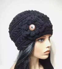 crochet womans handmade flower hat beanie black puffs new