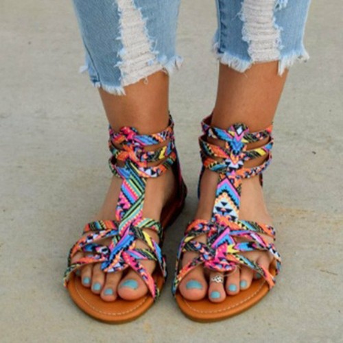 Women Summer Bohemian T-Strap Sandals Beach Gladiators Open Toe Flat Heel Shoes