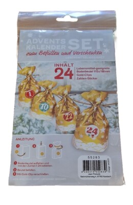 Adventskalender zum befüllen 24 Tüten Für Lebensmittel 24 Gold Clips 24 Sticker