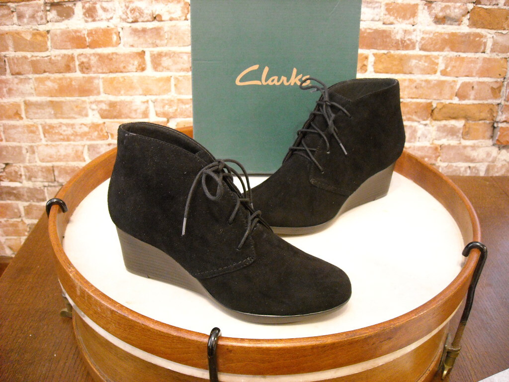Clarks Black Suede Lace Up Crystal Peridot Wedge Ankle Boot Sale