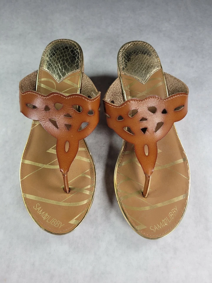 SAM & LIBBY Mujer Cuero Marrón Corcho Cuña Tacones Zapatos Sandalia Talla 9 Foto 3 de 4