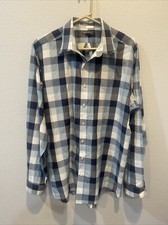 Eddie Bauer Men's Wrinkle Free Relaxed Fit Gray Blue Plaid Shirt Large Tall TL