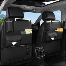 Black Leather Woven Car Backseat Organizer - 4 Pockets/Hooks, SUV/Truck/RV
