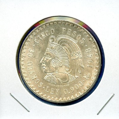 1948 Mexico 5 Peso Cuauhtémoc Silver Coin BU Brilliant