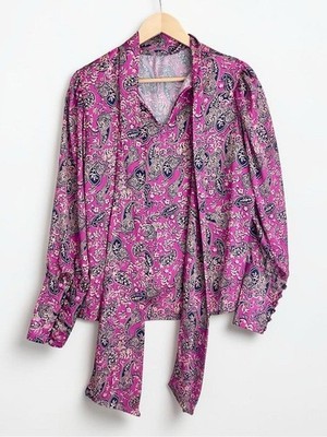 Maria de la Orden Ballu Pink Satin Paisley Satin Blouse Top Tie Front Sz 6 EU 38