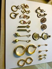 Vintage Lot Of 12 Earrings Gold Tone Dangle Hoops Mixed Screw Back Clip Pierce