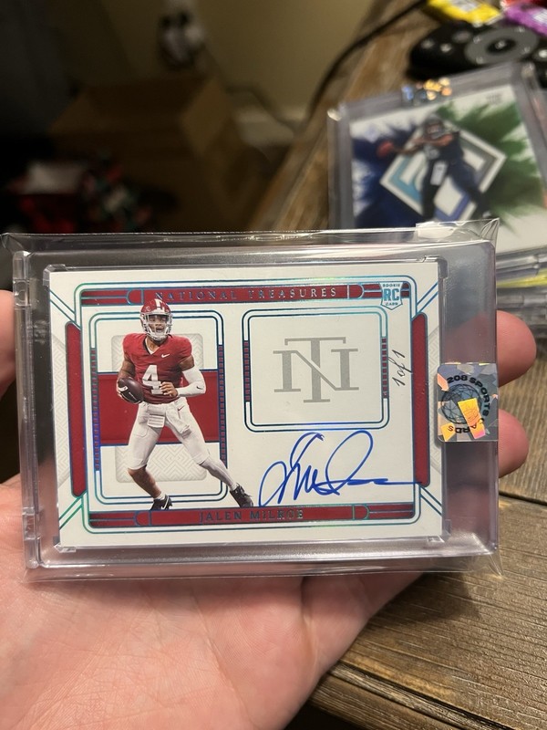 2025 National Treasures Jalen Milroe Team Shield “On Card Auto” 1/1