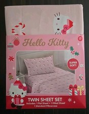 Hello Kitty Twin Holiday Sheet Set 3pc Set Pink w/ Candy Cane Love Hearts New