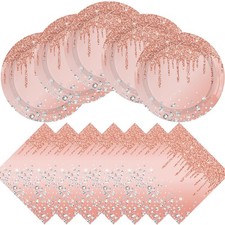 Pink Rose Gold Birthday Decorations, Dessert Plates and Napkins for Girls - D...