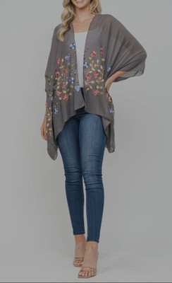 Raj Vicki floral Ebroidered Kimono light weight Gray One Size New