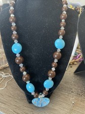 Lampwork Glass Heart Pendant Necklace Brown Blue Beads Crystal Spacers