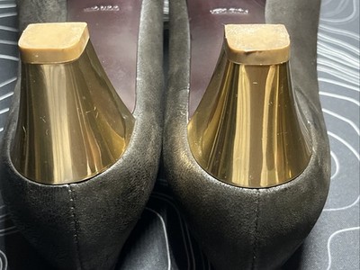 Vintage Prada Brown Gold Leather Gold Buckle Gold Heel Pumps Euro