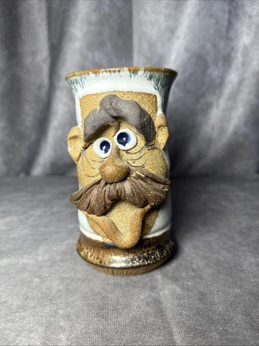 Signed Mahon Art Pottery Ugly Face Mug Stein Folk Art Stoneware Funny Face Guy