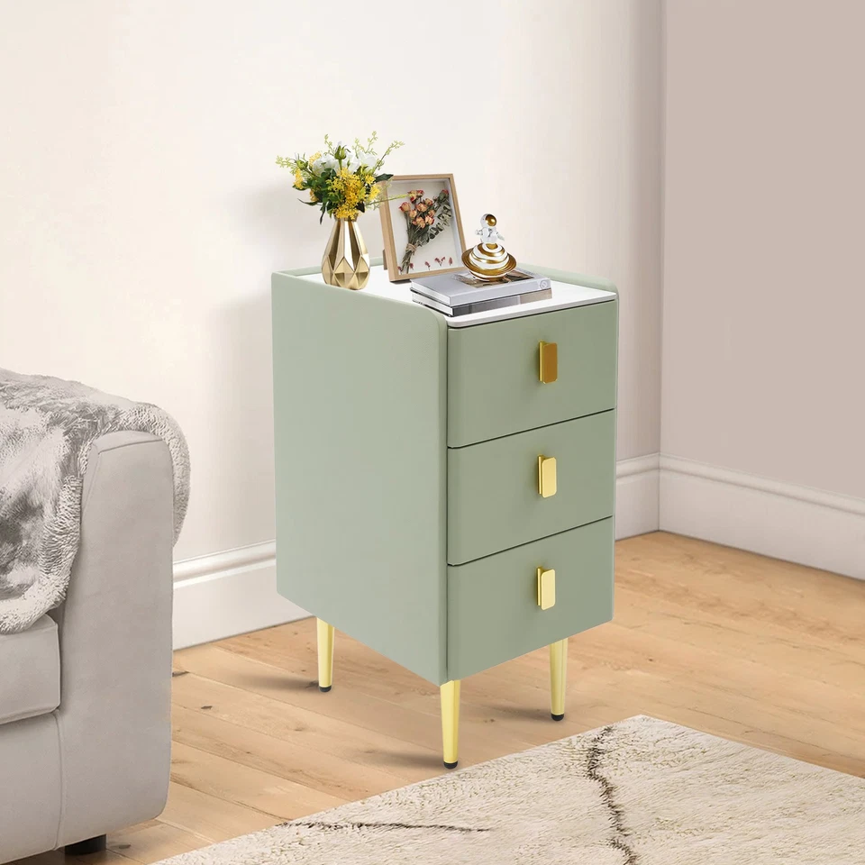 Mesita de noche - Mesita de noche estrecha de 3 cajones, losa de roca y cuero, verde/dorado Foto 3 de 4