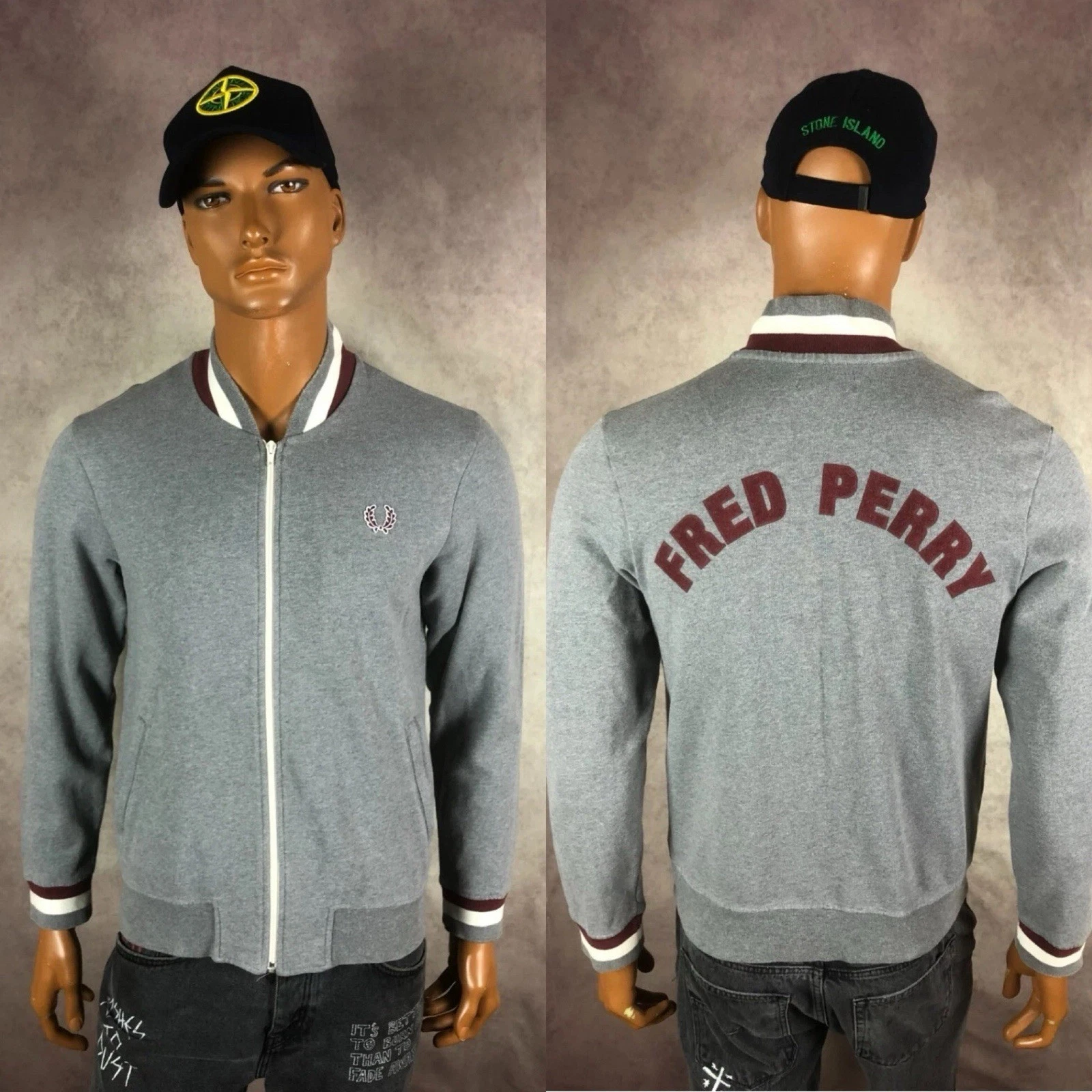 FRED PERRY Track Bomber Giacca Baseball Grande Logo Grigio Casual Supreme Taglia S