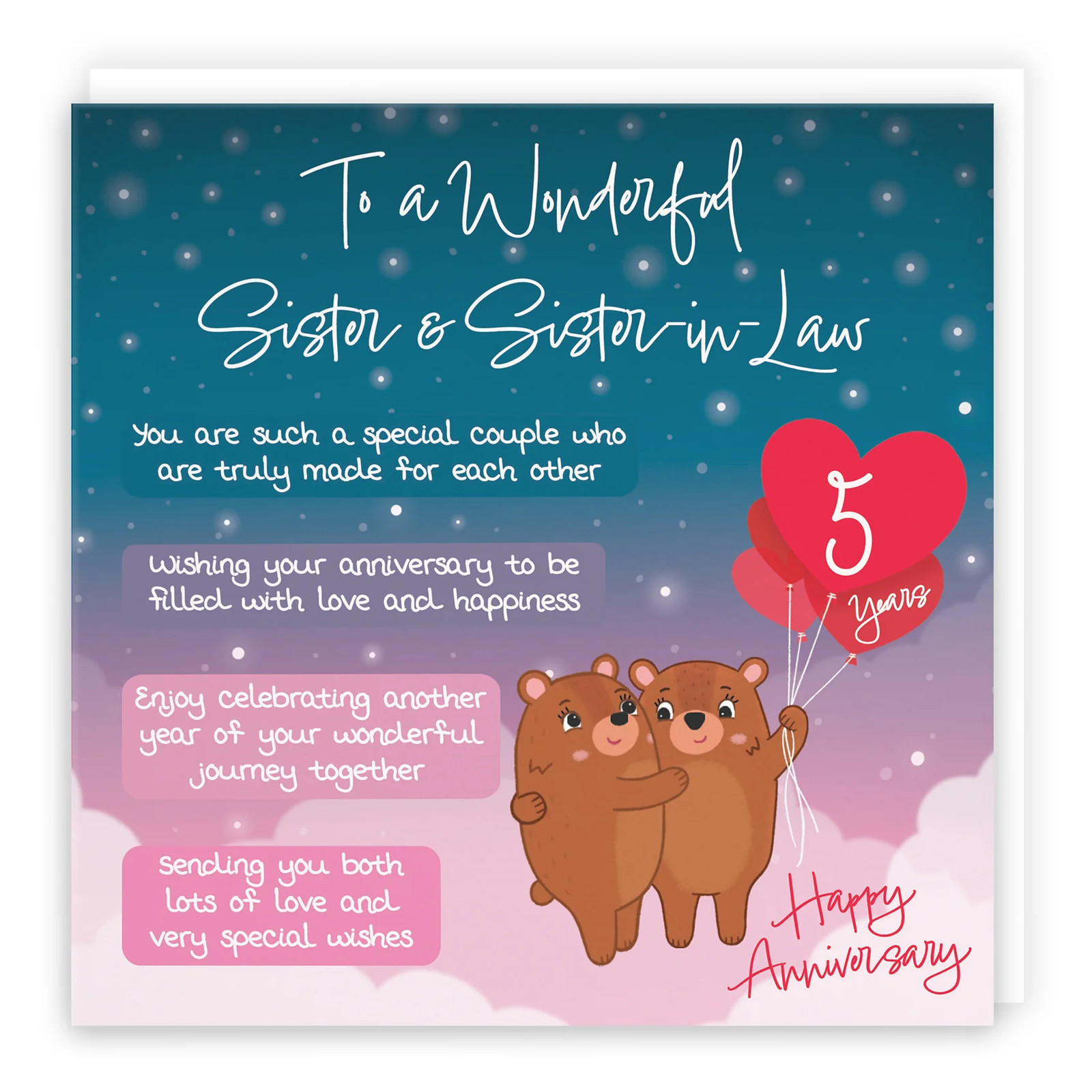 5th Sister And Sister In Law Anniversary Card Starry Night Cute Bears