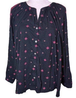 Women Indie Print Blouse Navy Long Sleeve Casual Everyday Relaxed Size 3XL