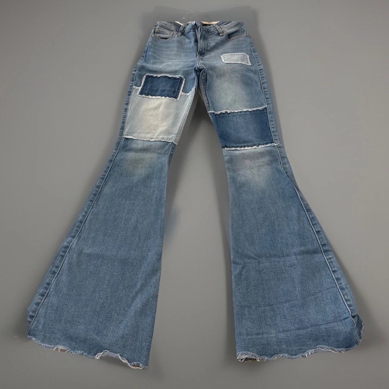 Hollister Jeans Womens 25 Blue High Rise Flare Patchwork Stretch Frayed Hippie