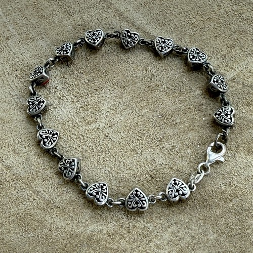 Vintage Sterling Silver Red Enamel Heart Link Bracelet 925 Sterling Romantic - Picture 4 of 8