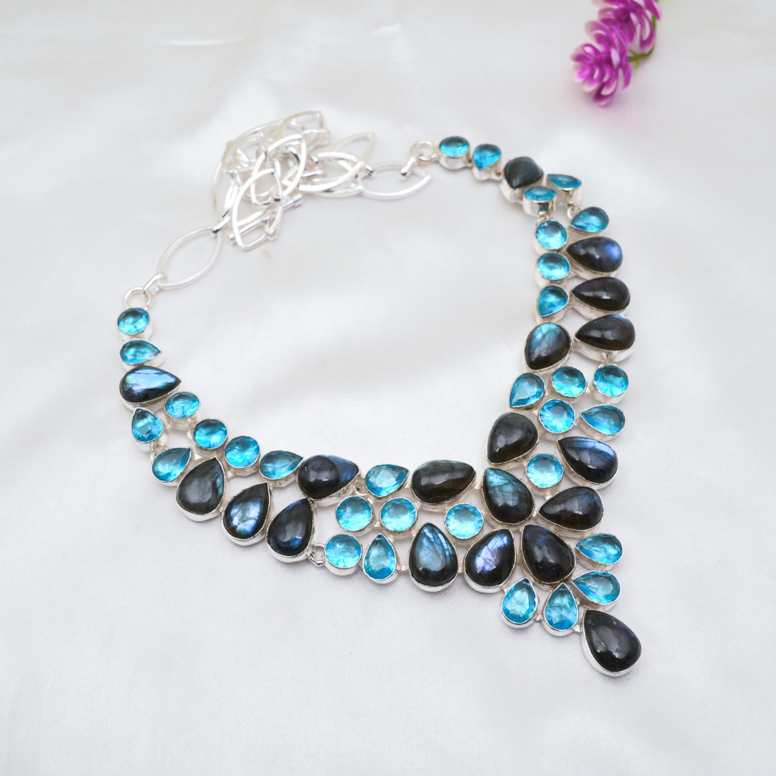 Labradorite, Blue Topaz Big Size Necklace 925 Sterling Silver Handmade Jewelry