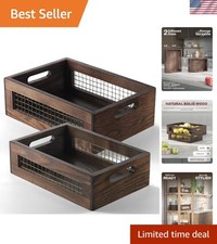 Versatile Set of 2 Decorative Wooden Baskets with Wire Mesh Carry Handles