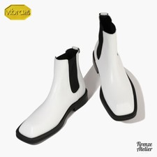 Firenze Atelier Men's White Leather Square Toe Vibram Sole Ankle Chelsea Boots 