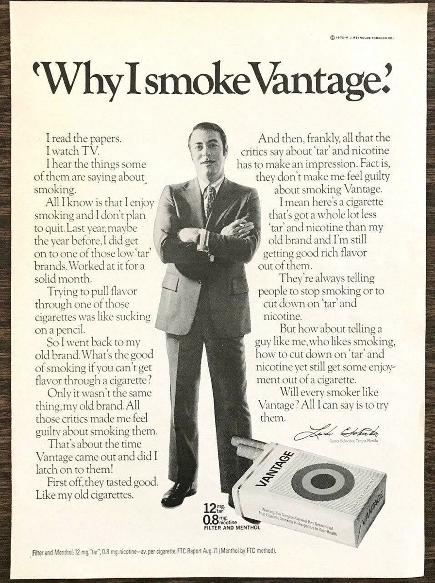 1972 Vantage Cigarettes Print Ad Why I Smoke Vantage Lester Schreiber Tampa