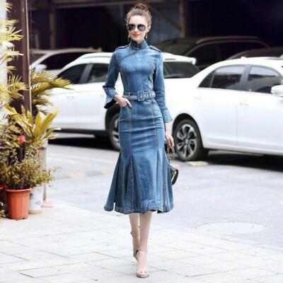 Chic Womens Denim Slim Cheongsam Collar Flared Sleeve Mermaid Dress Jeans  Skirts | eBay