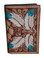 Natural Leather Tri-fold Wallet Floral Feathers Tooled by Ranger Belt Company