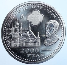 1998 SPAIN JUAN CARLOS I Philip II & Escorial Silver 2000 Pesetas Coin i114668