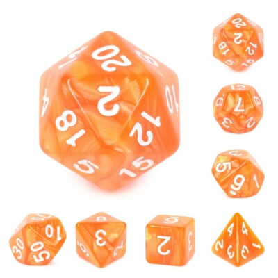 PEARL DICE WHITE FONT ORANGE POUCH SET OF 7 DES