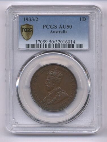AUSTRALIA GEORGE V 1933/2 1 PENNY COIN, ALMOST UNCIRCULATED CERTIFIED PCGS AU50