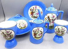 7 Pc Antique Breakfast Set - Blue - Tropical Bird Design - Victoria Bone China