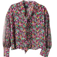 Who What Wear Multi-Color Tie V-Neck Sheer Balloon Sleeve Blouse Size Medium