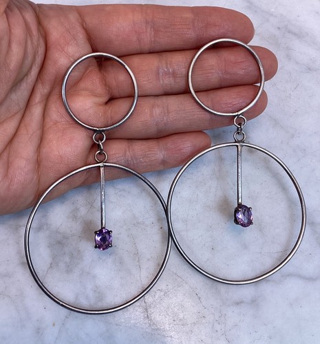 Vintage Modernist Sterling Silver Amethyst Double Hoop Loop Earrings